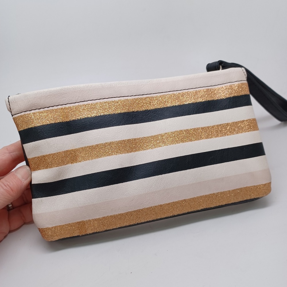 Luv Betsey by Betsey Johnson Striped Glitter Wristlet Pouch Black Gold Cream - Picture 7 of 13
